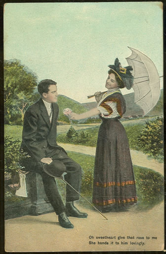Postcard of Courting Couple, Lovely Lady with Rose