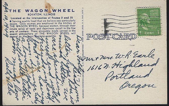 Vintage Postcard of Wagon Wheel Restaurant Rockton, Illinois 1949