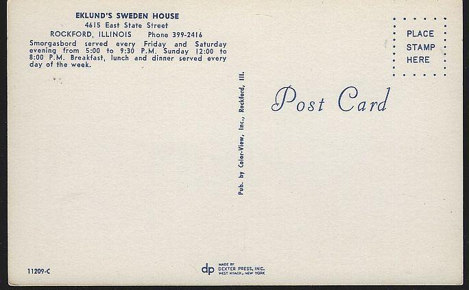 Vintage Unused Postcard Eklund's Swedish House 4615 East St Rockford, Illinois