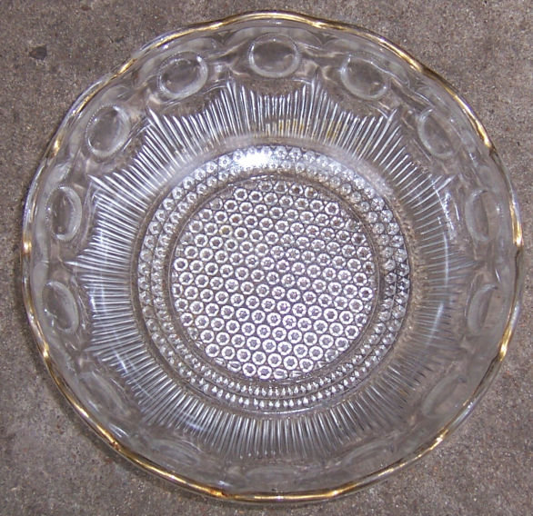 Vintage Pressed Glass Bowl with Thumbprints and Gold