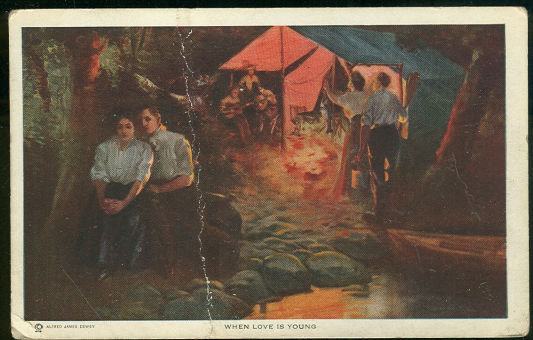 Dewey Postcard of Couples Camping Around Campfire 1911