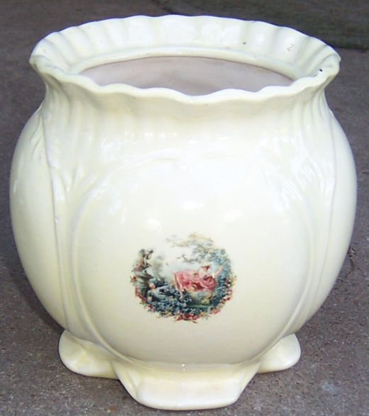 Vintage Yellow Pottery Planter with Colonial Lady Decal