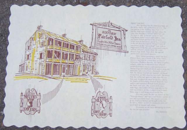 Vintage Unused Place Mat for Historic Fairfield Inn, Fairfield, Pennsylvania