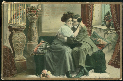 Postcard of Courting Couple in a Victorian Parlor