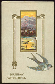 Birthday Greetings Postcard Blue Bird and Mountains