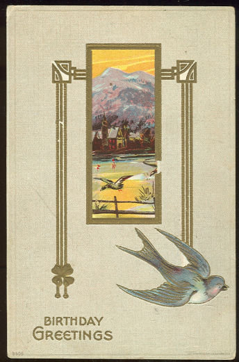 Birthday Greetings Postcard Blue Bird and Mountains