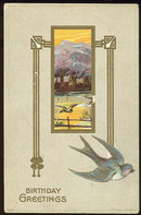 Birthday Greetings Postcard Blue Bird and Mountains