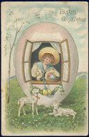 Little Boy in Easter Egg House Wishing You Greetings