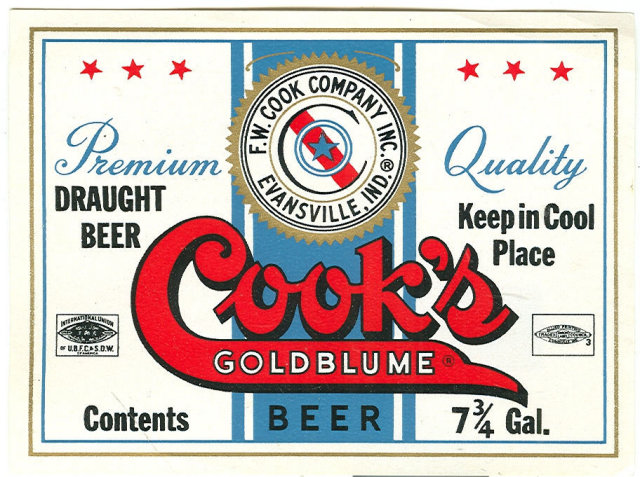 Vintage Cook's Goldblume Beer Label 7 3/4 Gallon, Evansville, Indiana