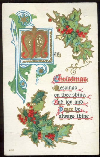 Christmas Postcard with Blessings and Holly 1910