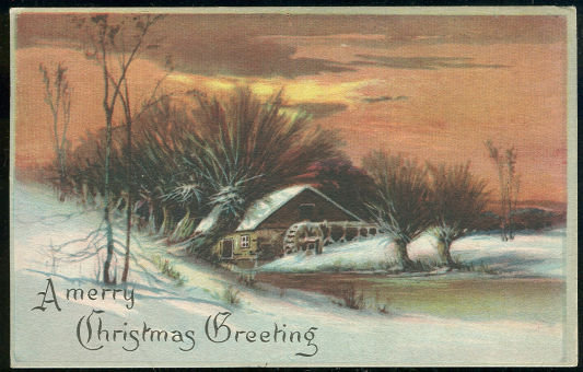 Christmas Postcard with Snowy Landscape and Mill 1920