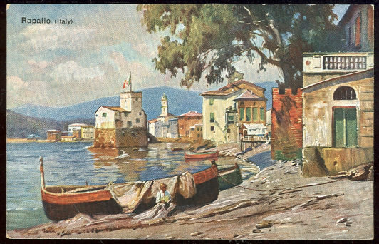 German Art Postcard of Boats Along Coast Rapallo, Italy
