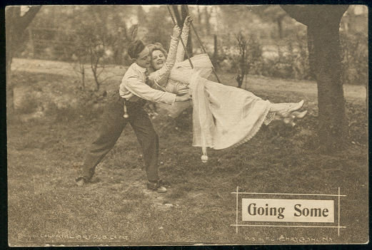 Postcard of Victorian Couple on a Swing Going Some 1910