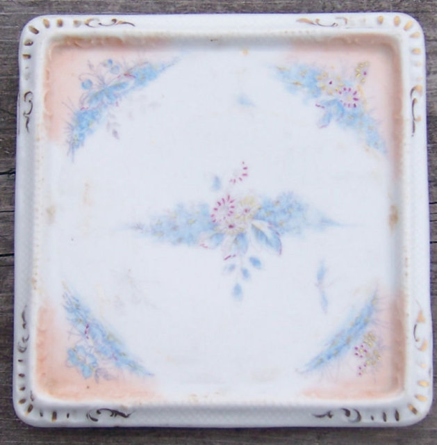 Vintage Square Trivet with Blue Flowers and Gold Trim