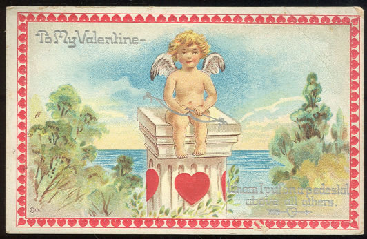 Valentine Postcard of Cherub With Bow on Pedestal