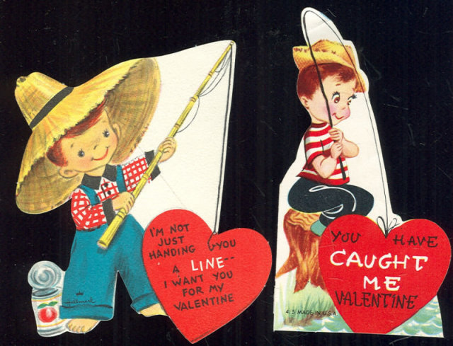 Two Vintage Valentines of Young Boys Fishing