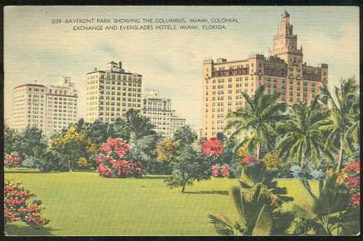 Postcard of Bayfront Park Showing Hotels, Miami, Florida 1945