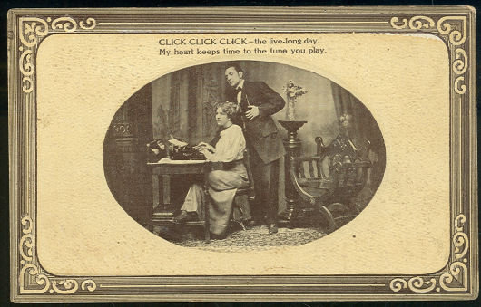 Postcard of Victorian Courting Couple with Lady Typing