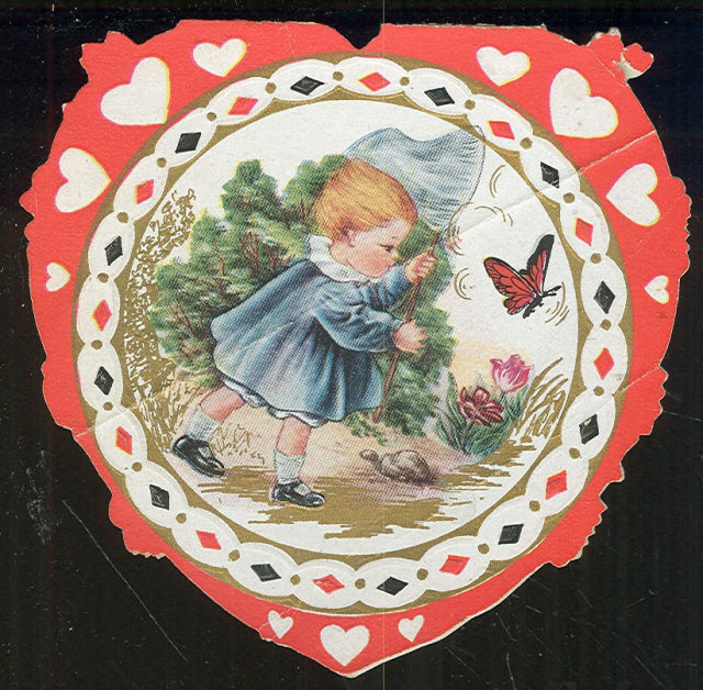 Vintage Heart Valentine Card Baby Chasing a Butterfly