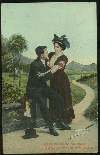 Postcard of Victorian Courting Couple She Pins the Rose