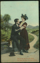 Postcard of Victorian Courting Couple She Pins the Rose