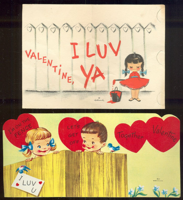 Two Vintage Valentines With Fences and Little Kids
