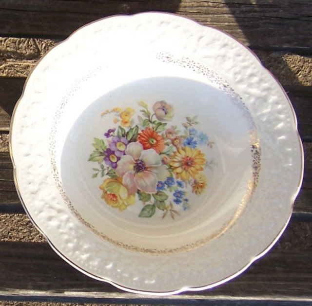 Knowles Soup Bowl with Floral Bouquet and Gold Trim
