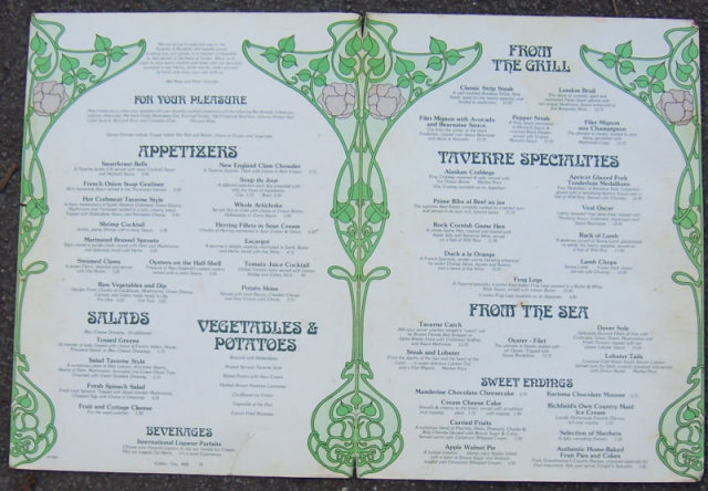 Vintage Menu From The Taverne of Ridgefield, Ohio
