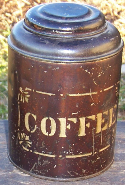 Japanned Brown Coffee Canister with Stenciled Letters