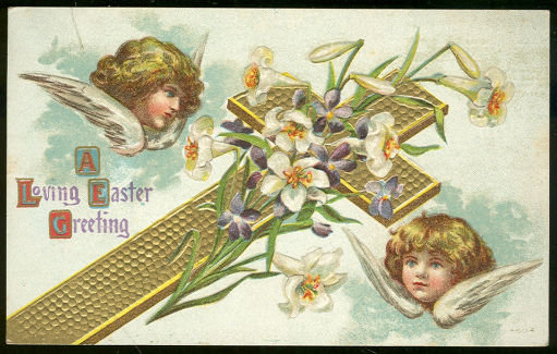 Religious Easter Postcard with Cross and Angels