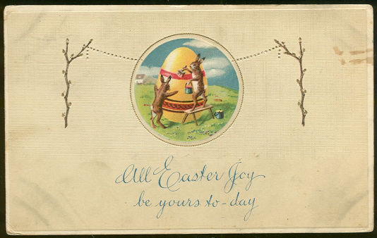 Easter Postcard with Easter Bunnies Painting Egg 1917