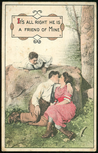 Postcard of Kissing Couple with Friend Looking On 1914