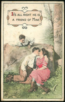Postcard of Kissing Couple with Friend Looking On 1914