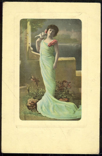 Postcard of Lovley Lady in Blue Dress with Dove
