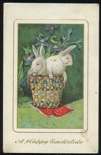 Happy Eastertide Postcard with Bunnies in a Basket 1911