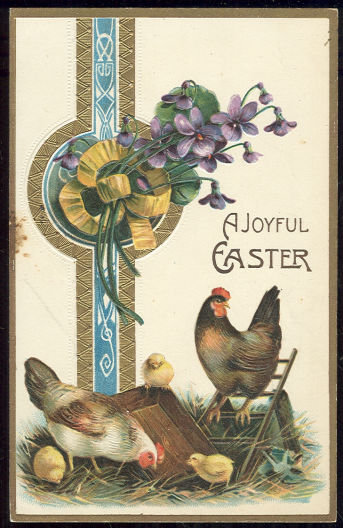 Joyful Easter Postcard with Chickens and Chicks