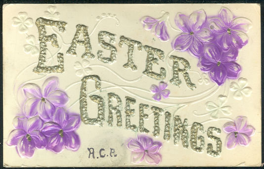 Embossed Easter Greetings Postcard with Purple Flowers