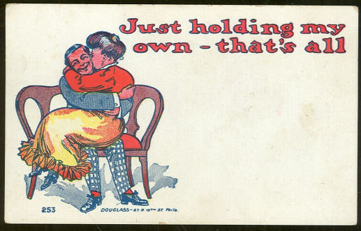 Comic Postcard Kissing Couple Man is Holding His Own