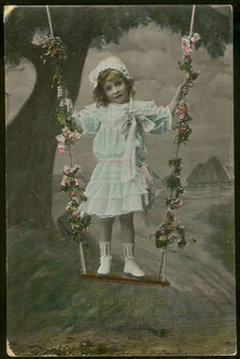 Birthday Postcard With Little Girl in Flower Swing