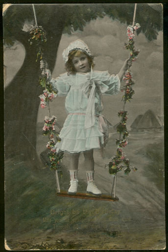 Birthday Postcard With Little Girl in Flower Swing