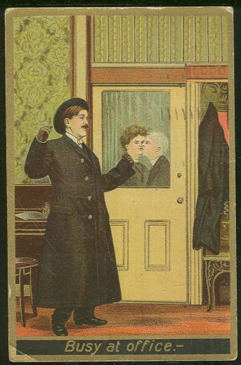 Postcard of Kissing Working Couple, Busy at Office 1911