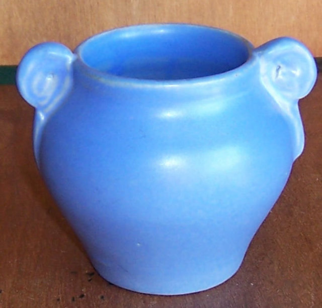 Daniel Boone Pottery Blue Matte Glaze Small Vase with Scroll Handles