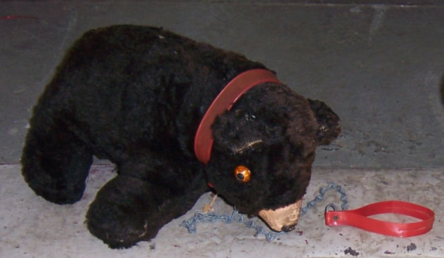 Vintage Stuffed Black Bear with Red Collar and Leash