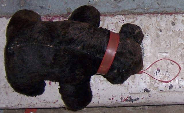 Vintage Stuffed Black Bear with Red Collar and Leash