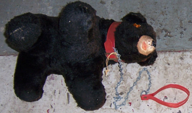 Vintage Stuffed Black Bear with Red Collar and Leash