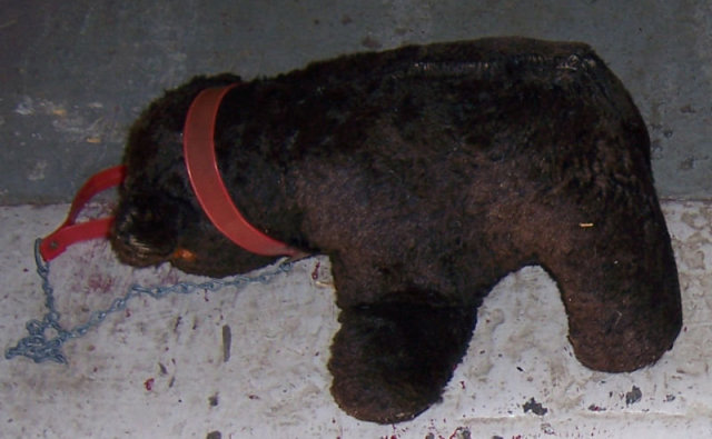 Vintage Stuffed Black Bear with Red Collar and Leash
