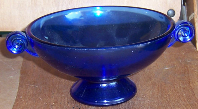 Vintage Cobalt Blue Glass Candy Dish w/ Scroll Handles