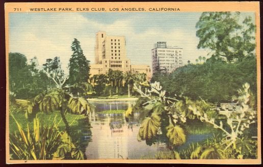 Postcard of the Westlake Park, Elks Club, Los Angeles, California