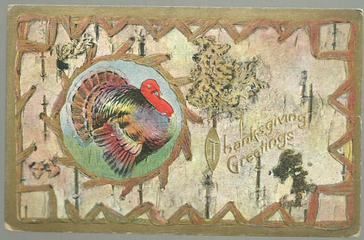 Thanksgiving Greetings Gold Postcard with Turkey