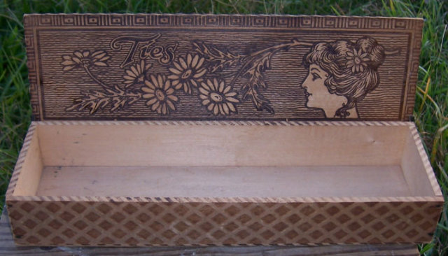 Vintage Pyrography Wooden Tie Box with Gibson Girl